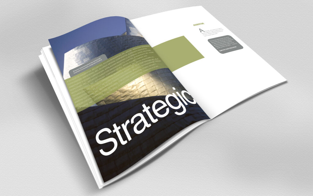 Strategic spread from the portrait brochure, Gehry’s Guggenheim Bilbao curves banded by a green ribbon of streaming client names.