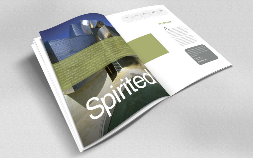 Spirited spread from the portrait brochure, the museum’s titanium forms under the client-name ribbon beside the methodology page.