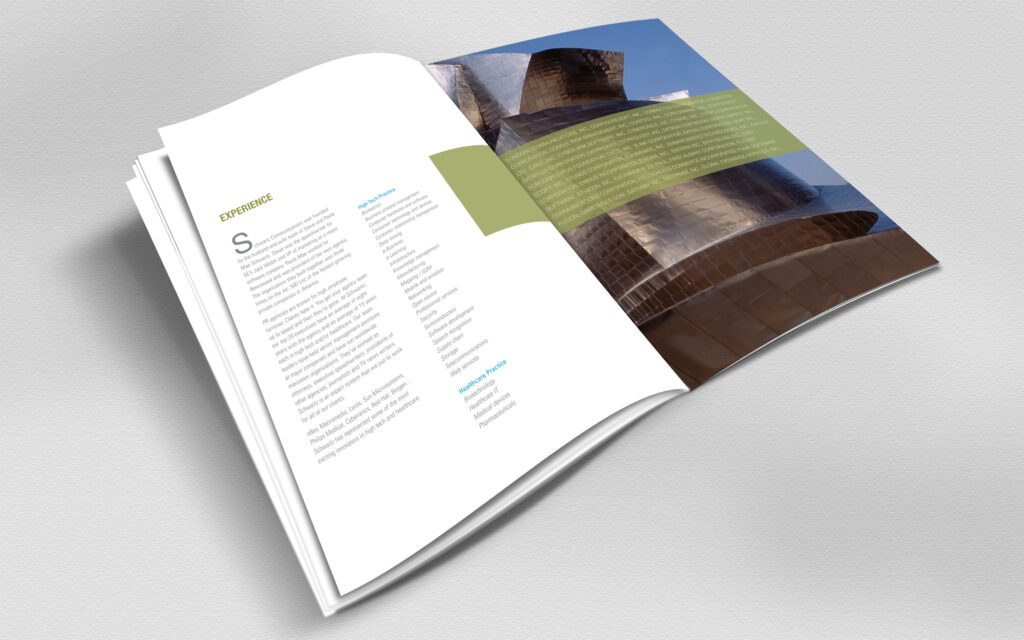 Experience spread from the portrait brochure, practice-area lists beside Bilbao photography banded with streaming client names.