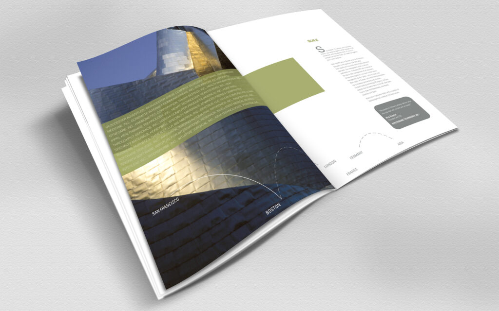 Scale spread from the portrait brochure, office arcs from San Francisco to Asia tracing across the titanium facade.