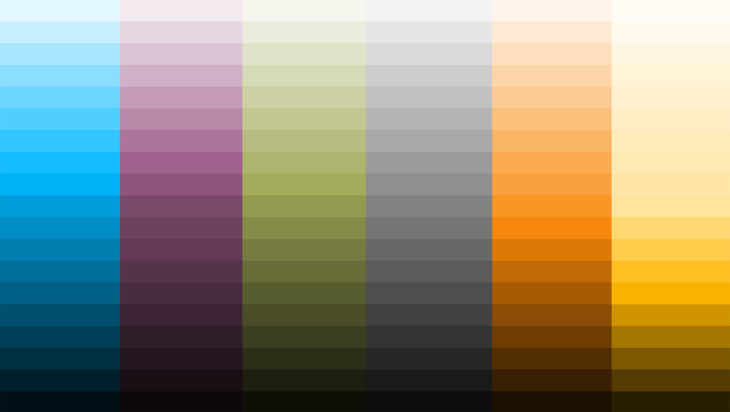 Schwartz Communications color system, six columns stepping through tints and shades of brand blue, plum, lifeblood green, gray, orange, and gold.