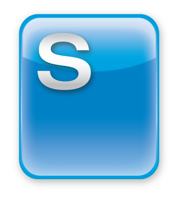 Refreshed Schwartz Communications mark, the blue chicklet badge rendered glassy and dimensional with a white S catching the highlight.