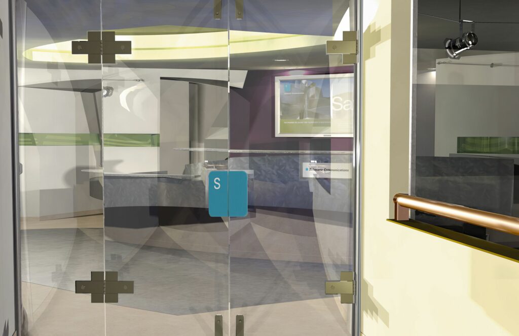 Rendered lobby entry, glass doors carrying the blue S badge opening onto the marble reception desk and plum feature wall.