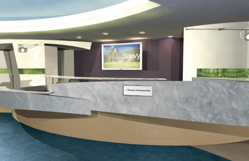 Rendered reception view, the Savvy brand screen on a plum wall above the marble desk with green glass ribbon accents.