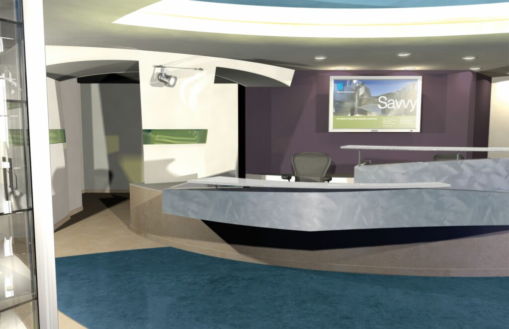 Wide render of the reception desk under a sculpted ceiling cove, the brand screen glowing on the plum wall beyond.