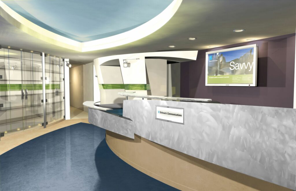 Rendered entry hall, the teal floor sweeping past glass-doored display walls toward the reception desk and Savvy screen.
