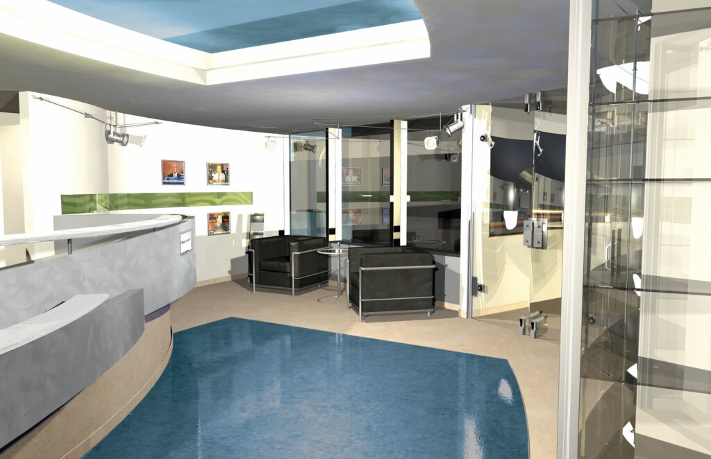 Rendered waiting area with black leather club chairs, framed press on the walls, and the teal floor curving past glass offices.