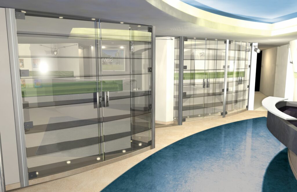 Rendered corridor of glass display walls with green ribbon shelving, the teal floor flowing toward the reception curve.