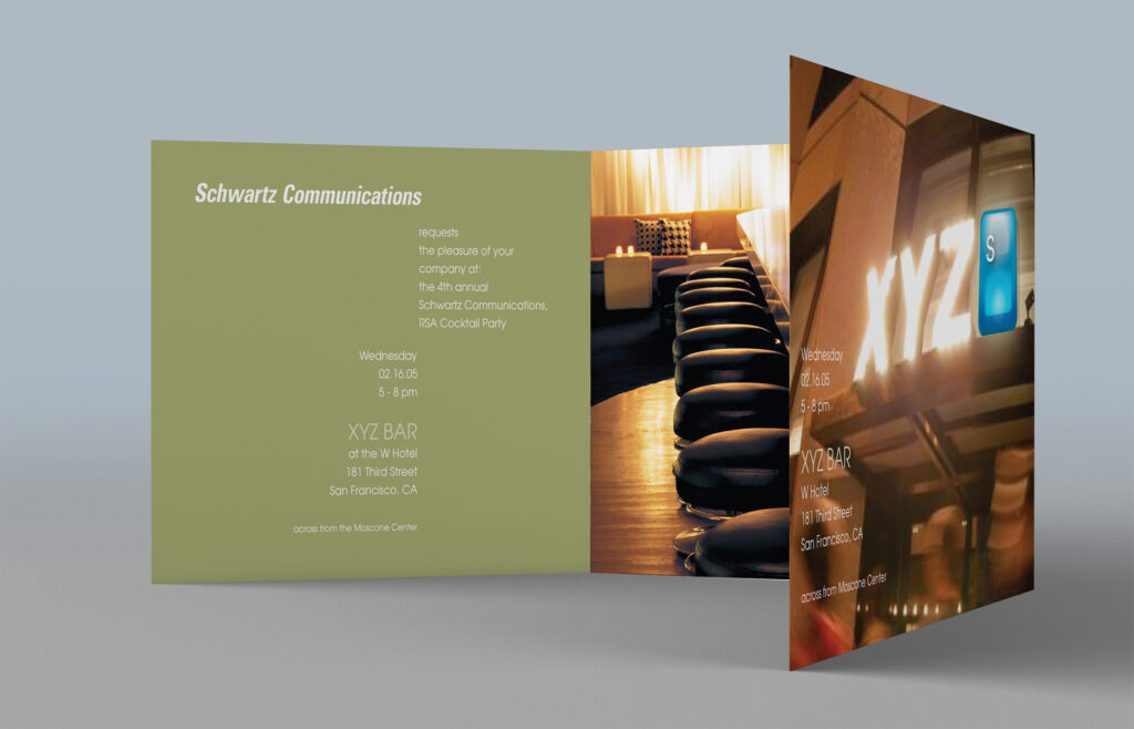 The 2005 RSA invitation standing in accordion folds, the olive details panel and XYZ Bar marquee photography flanking the deco cover.