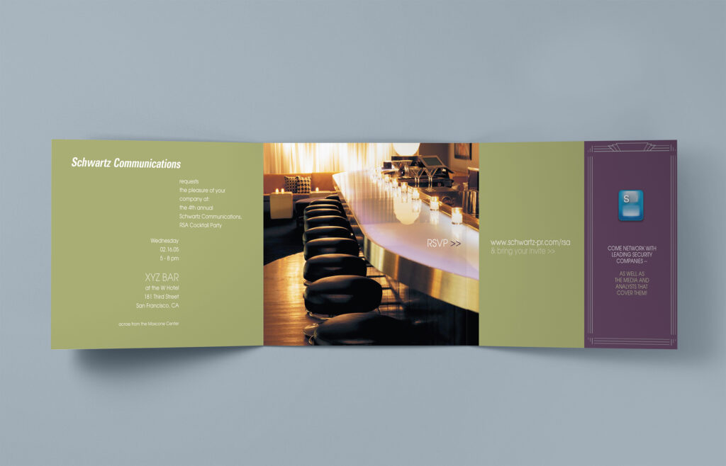 Full inside spread of the 2005 RSA invitation, lounge photography and RSVP call set between the olive details panel and plum networking note.