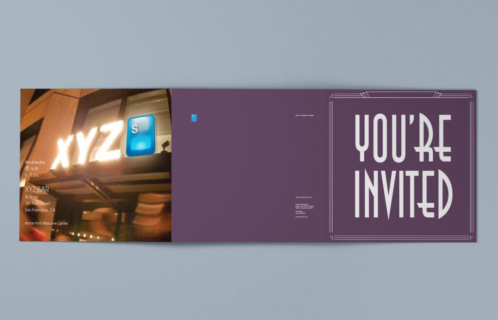 Outside spread of the 2005 RSA invitation pairing the XYZ Bar marquee photograph and event details with the deco You’re Invited cover.