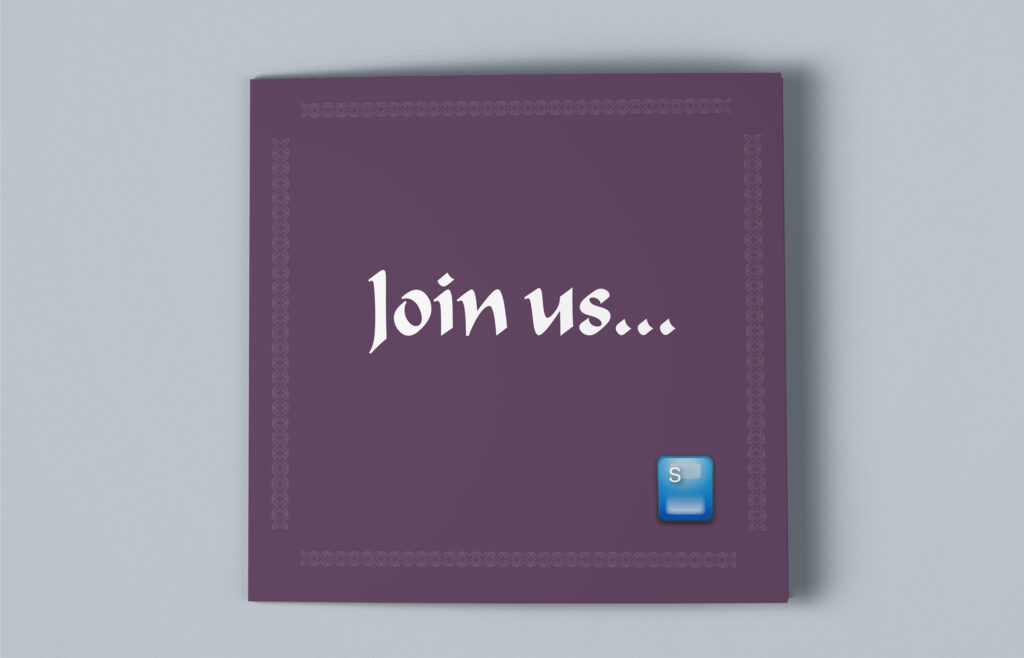 Cover of the 2006 RSA cocktail party invitation, Join us set in calligraphic script on plum with the glassy Schwartz badge at the corner.