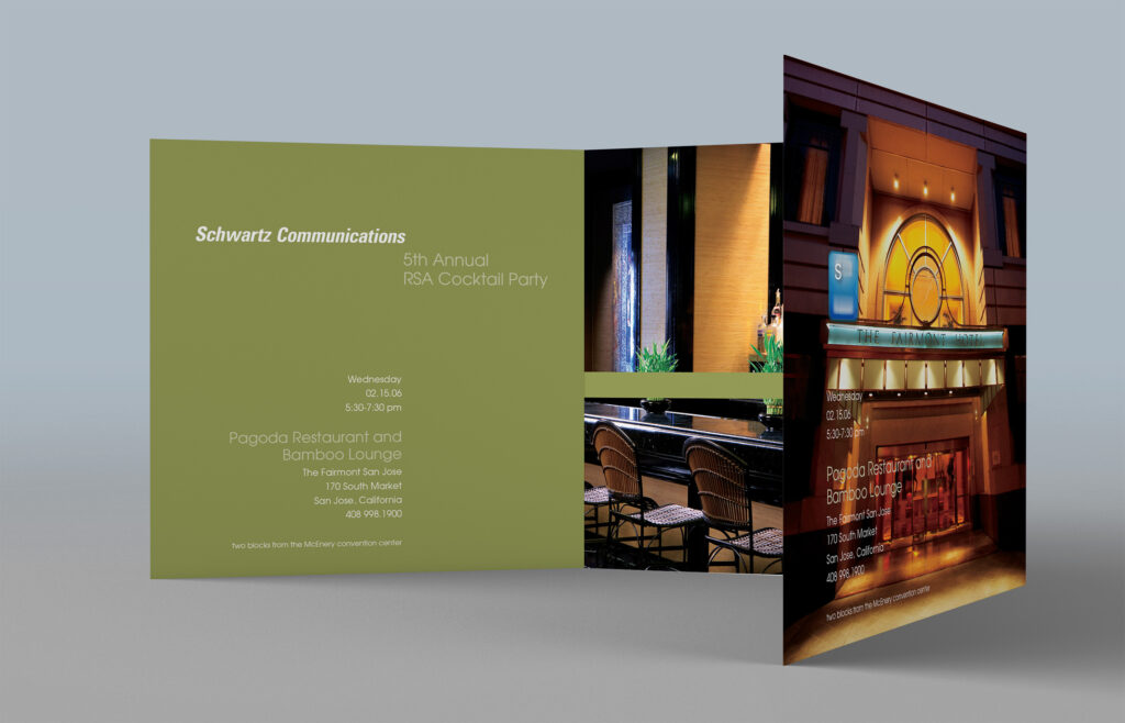 The 2006 RSA invitation standing in folds, the calligraphic Join us cover meeting cocktail photography and the Relax and Rejuvenate close.