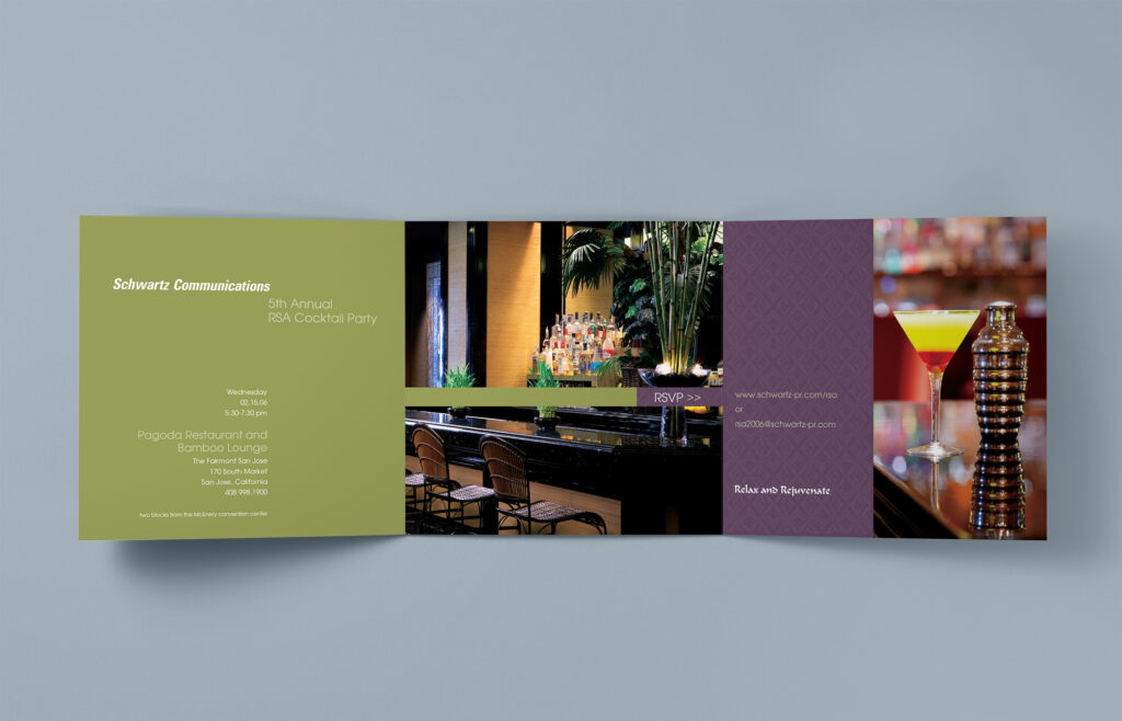 Full inside spread of the 2006 RSA invitation, the olive details panel beside Bamboo Lounge photography and a martini-and-shaker still life.