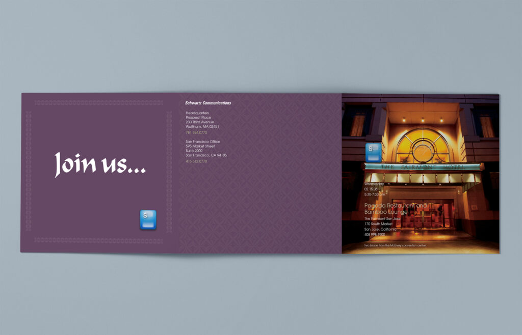 Outside spread of the 2006 RSA invitation, office addresses and the Fairmont marquee photograph flanking the scripted Join us cover.