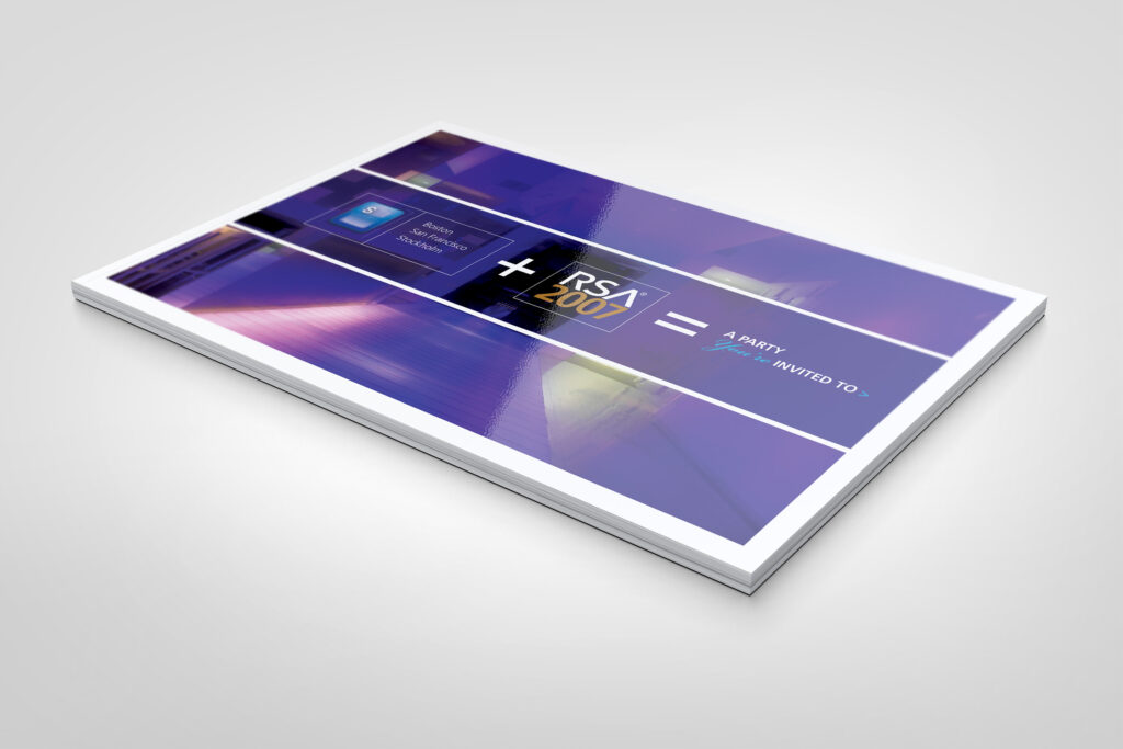 Cover of the 2007 RSA invitation booklet, the Schwartz badge plus RSA 2007 equals a party equation laid over violet nightlife photography.