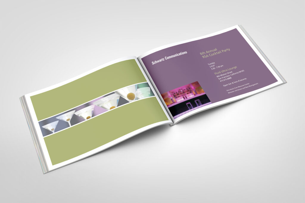 Opening spread of the 2007 RSA invitation, a martini ribbon on olive facing details for the sixth annual cocktail party at a San Francisco ultra lounge.