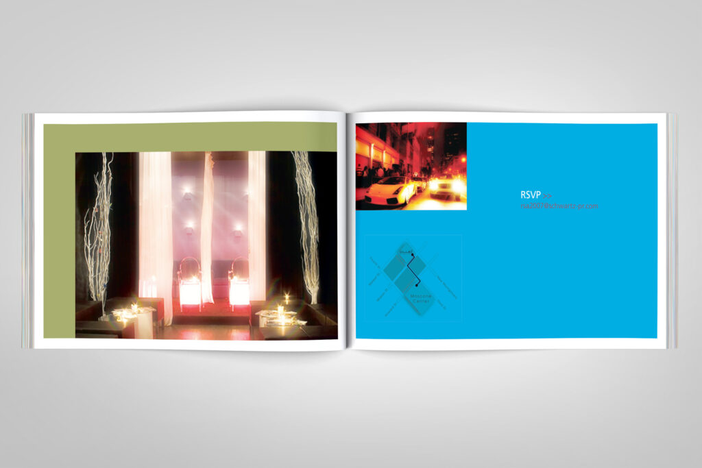 Middle spread of the 2007 RSA invitation, candlelit lounge photography beside the RSVP panel, street map, and city nightlife in vivid blue.