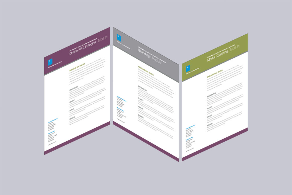 Three Schwartz Communications datasheet modules for Online PR Strategies, Branding, and Media Coaching, each color-banded in plum, gray, and olive.