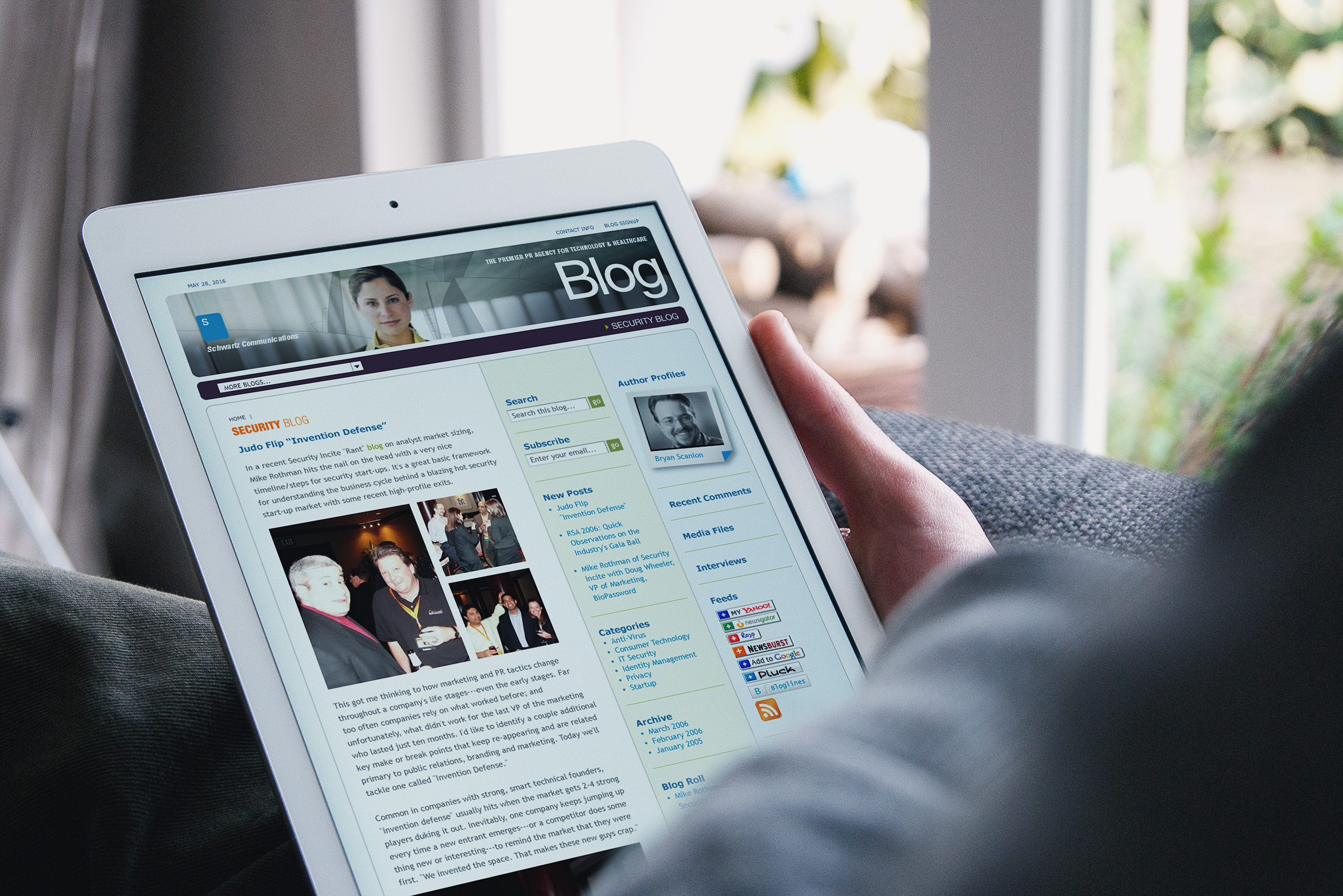 Schwartz security blog on an iPad, an early Drupal-built layout with post columns, author profile, categories, and RSS feeds.