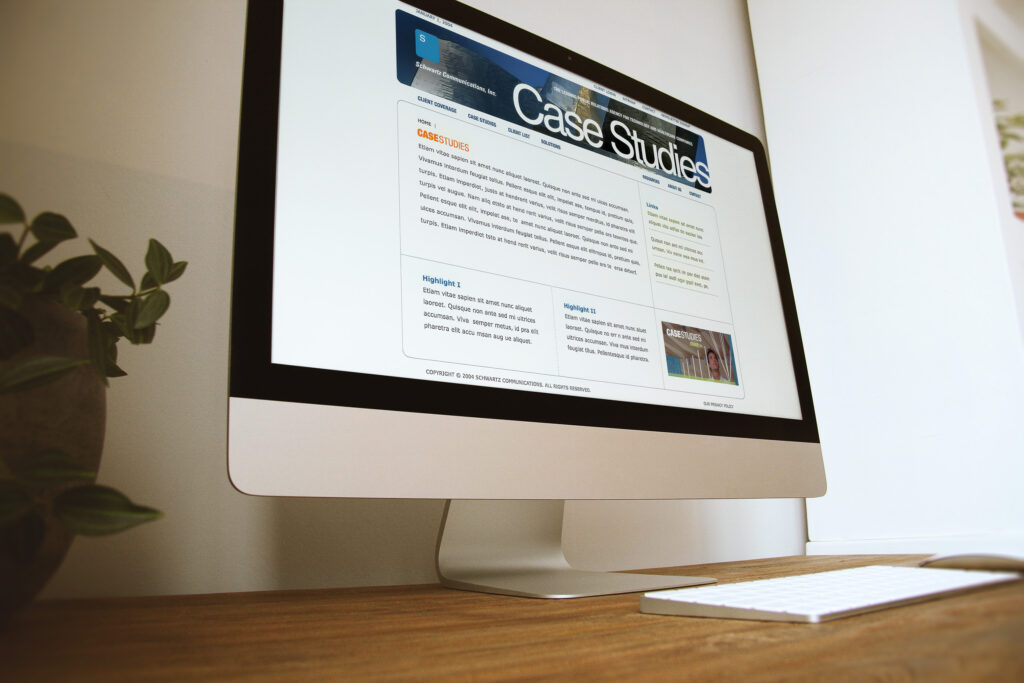 Case Studies page on an iMac, highlight summaries and sidebar features set under the blue Schwartz masthead.