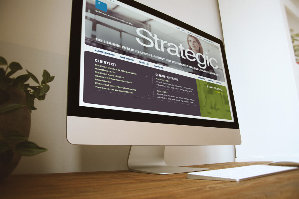 Schwartz homepage on an iMac, the Strategic hero and client list in plum beneath the leading PR agency masthead.