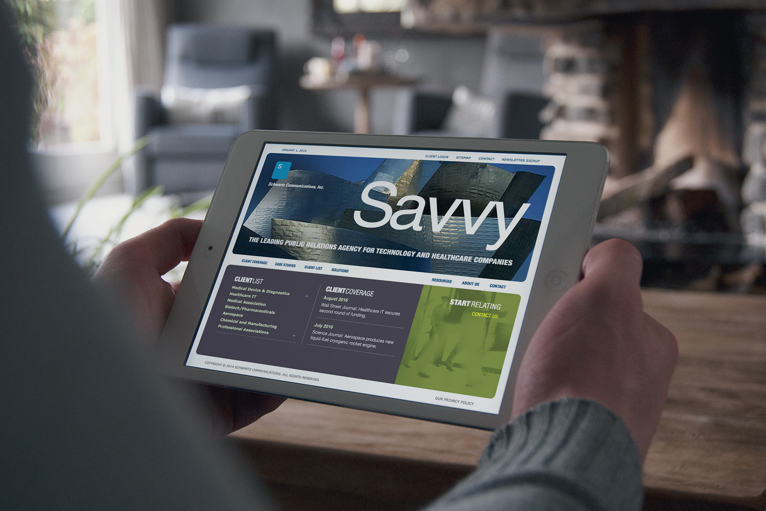 Schwartz homepage on an iPad by the fireplace, the Savvy hero over Guggenheim imagery with client coverage and Start Relating panels.