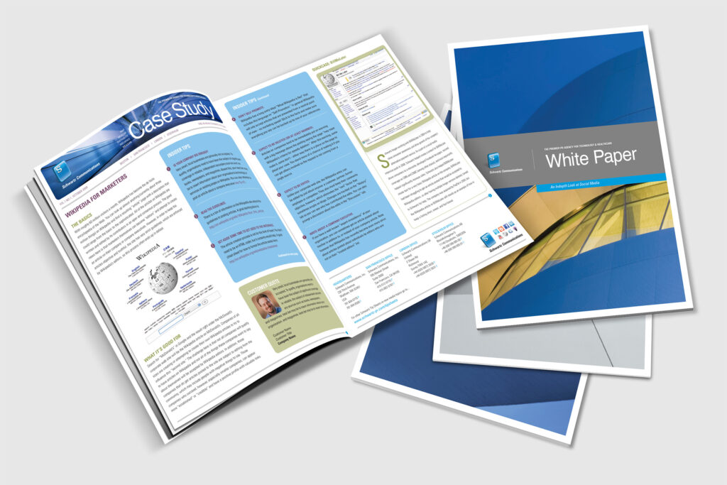 Schwartz white paper and case study system, a Wikipedia-for-marketers case study spread fanned with blue-banded white paper covers.