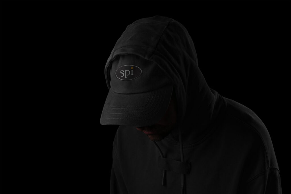 Black SPI cap worn under a hoodie in low light, the oval logo catching the only highlight.