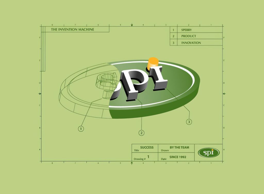 The Invention Machine T-shirt graphic in celery green, the SPI oval drawn half as wireframe blueprint and half as solid render inside a title block.