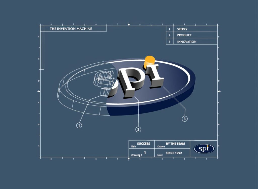The Invention Machine T-shirt graphic in denim blue, the blueprint-to-render SPI oval annotated Sperry, Product, Innovation with the Since 1992 title block.