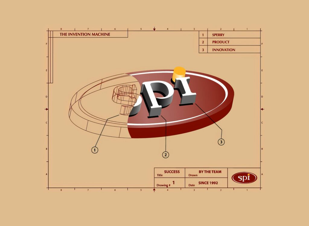 The Invention Machine T-shirt graphic on putty tan, the maroon SPI oval passing from wireframe to finished render across the technical drawing.