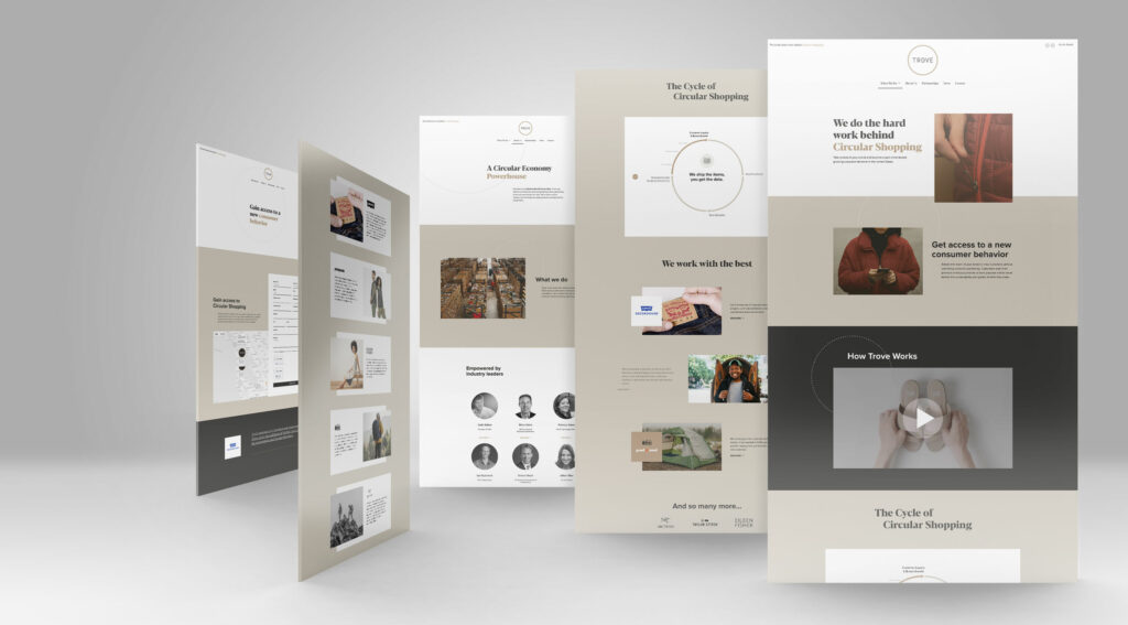 Floating collage of five Trove website pages led by the We do the hard work behind Circular Shopping homepage, with the cycle diagram and How Trove Works video panel.