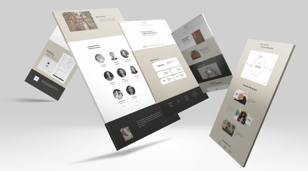 Angled collage of Trove website pages featuring the leadership team grid, brand partner panels, testimonial spread, and the Cycle of Circular Shopping explainer.