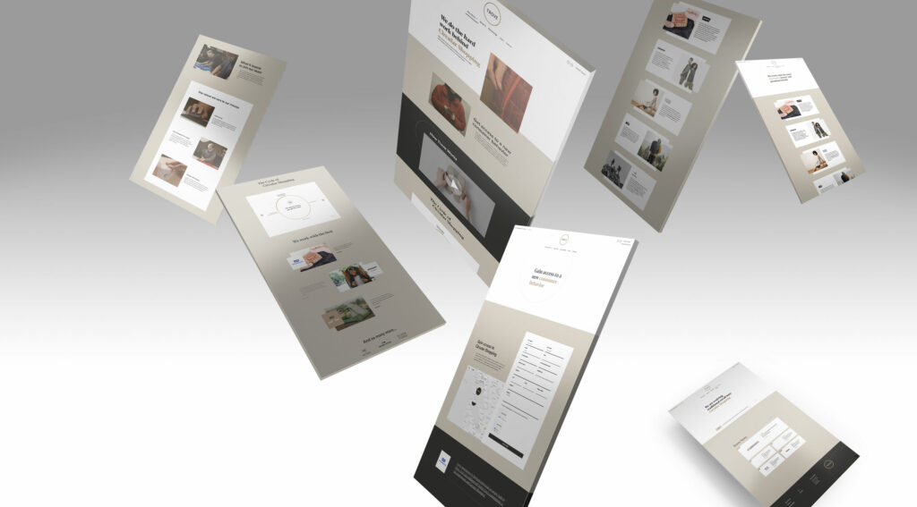Scattered collage of Trove interior pages pairing warm product photography with consumer-behavior storytelling, a mapped contact form, and mobile layouts.