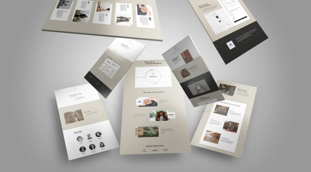 Overhead collage of Trove website screens centered on the Cycle of Circular Shopping page, surrounded by news cards, partner features, and mobile views.