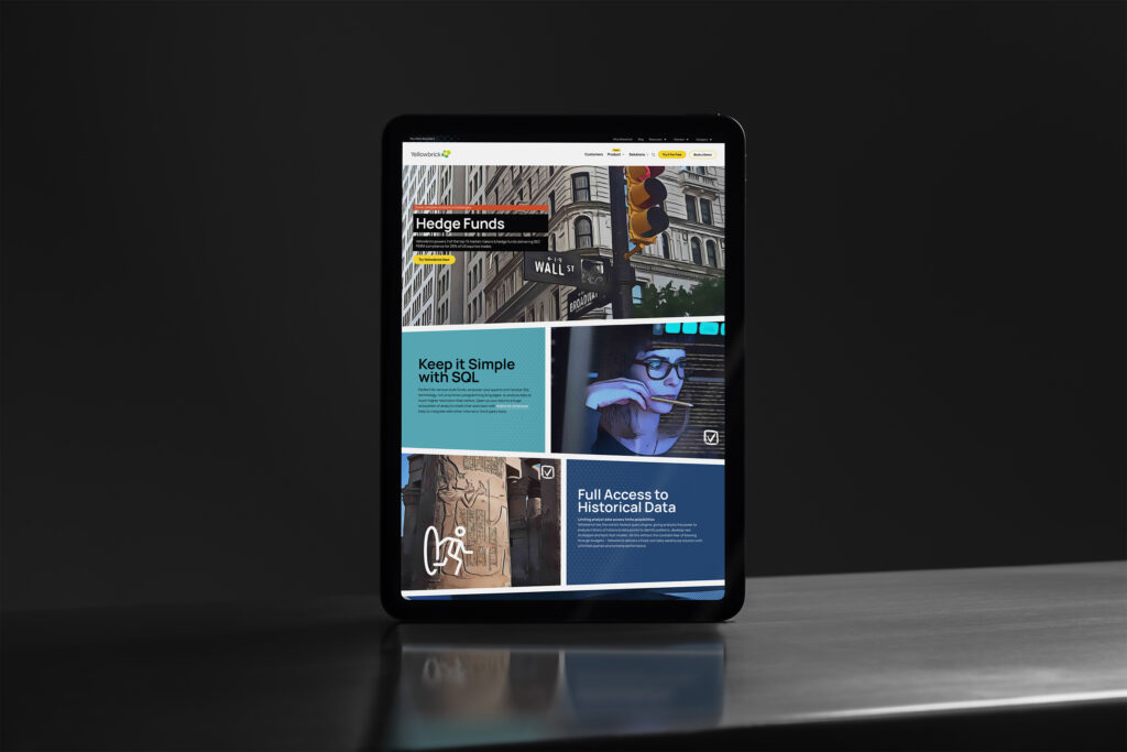 Tablet showing the Hedge Funds page, Wall Street signage above Keep It Simple with SQL and Full Access to Historical Data panels.