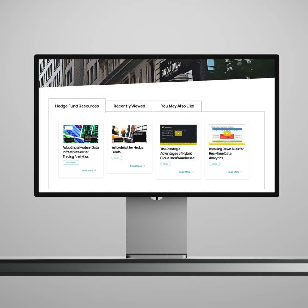 Monitor showing personalized Hedge Fund Resources, Recently Viewed, and You May Also Like tabs of whitepaper and brief cards.