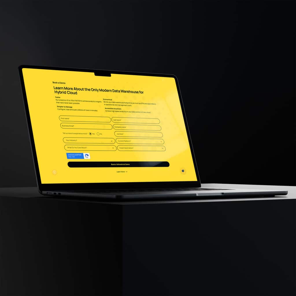Laptop showing the yellow Book a Demo form with industry and platform dropdowns capturing persona details.