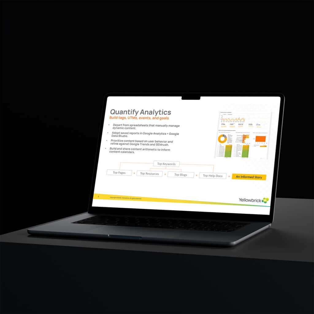 Laptop slide on building tags, UTMs, events, and goals, dashboard screenshots beside a keyword-to-story flow diagram.