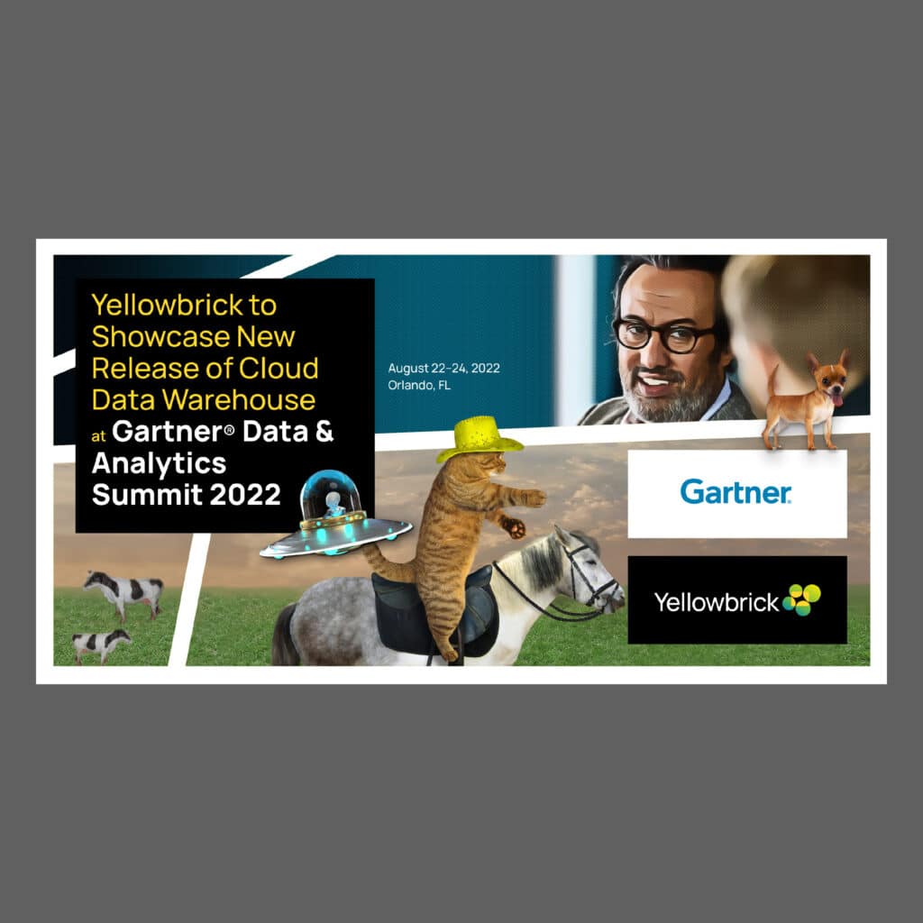 Comic-panel banner announcing a new cloud data warehouse release at Gartner Data and Analytics Summit 2022, cowboy cat riding in.