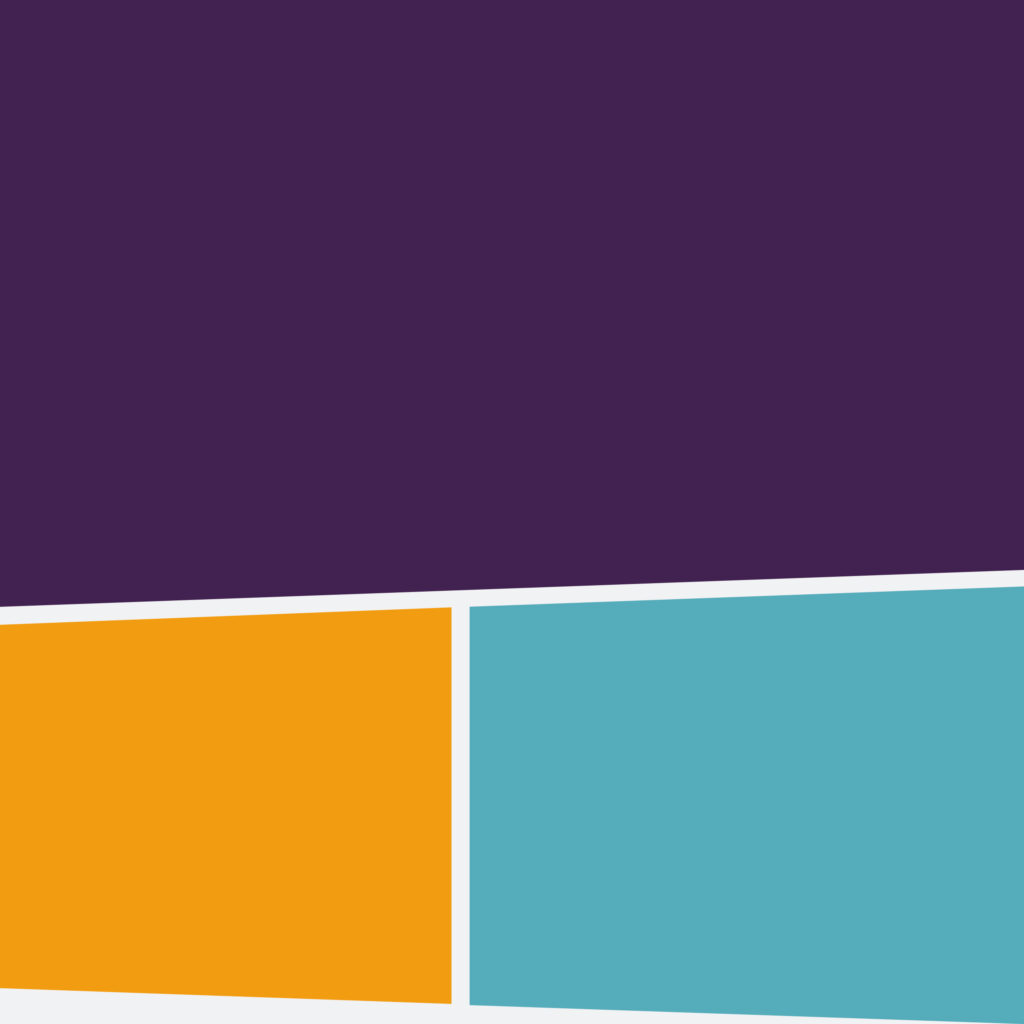 Tilted panel grid filled with flat plum, orange, and teal, showing how the palette drops into the comic layout.