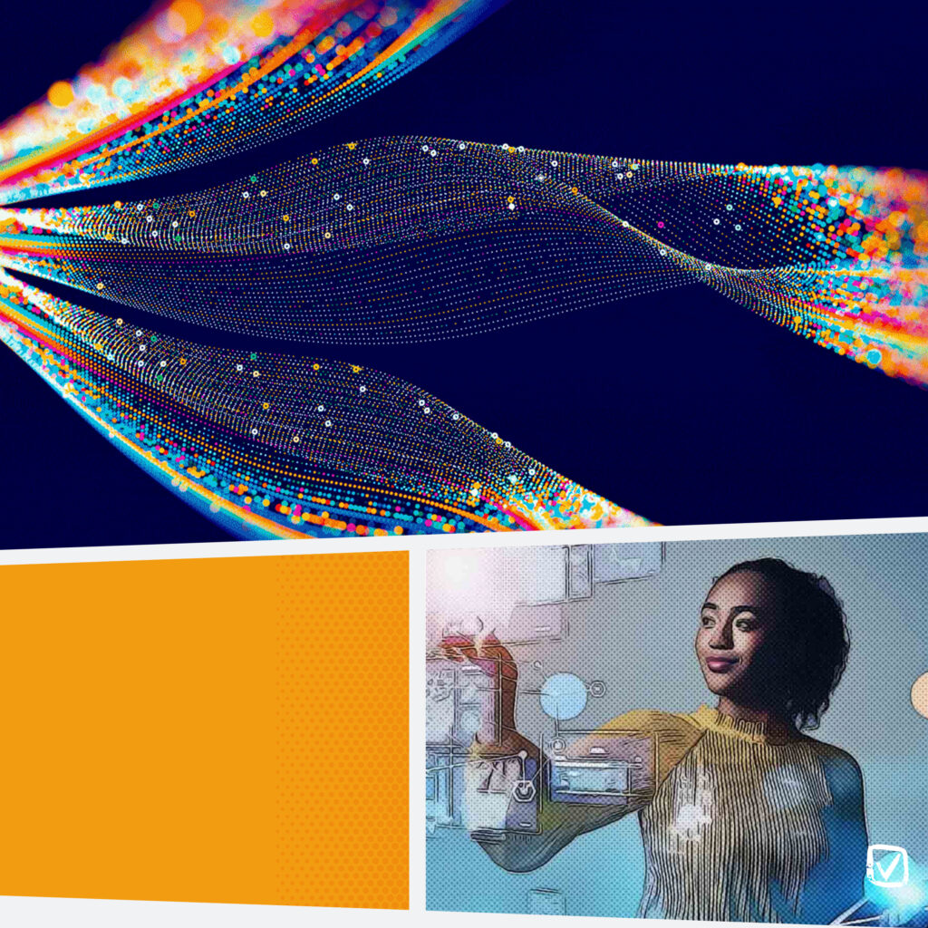 Imagery dropped into the skewed panels: a halftone data ribbon on deep navy above an orange halftone block and a woman at a touch interface.