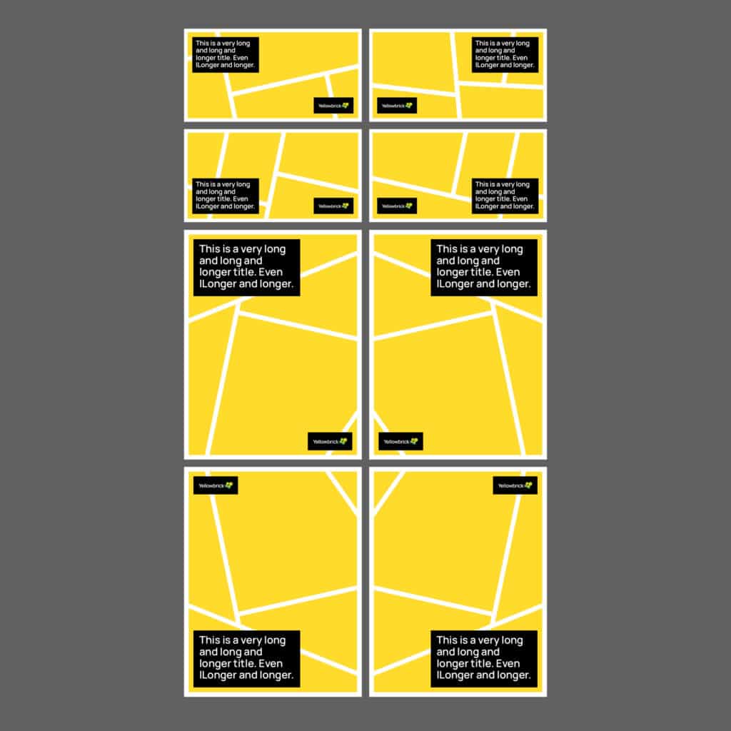 Eight yellow comic-panel social templates in landscape, square, and portrait ratios, each with a black headline box and small wordmark.