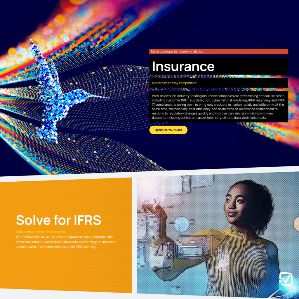 Completed Insurance layout with the pixel hummingbird over data ribbons, black message block, Optimize Your Data button, and orange Solve for IFRS panel.