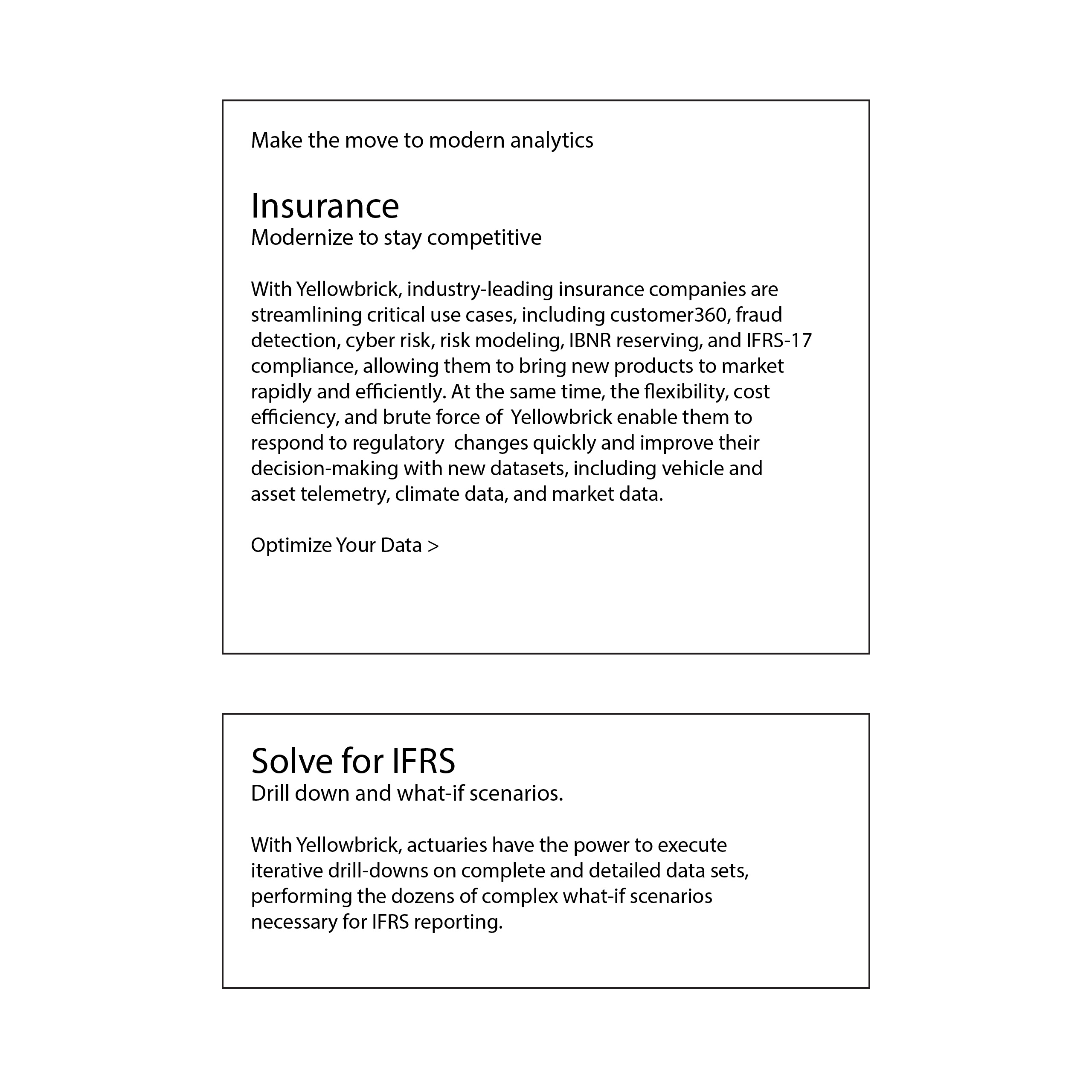 Outlined content frames holding the Insurance and Solve for IFRS message copy, one direct message per panel.