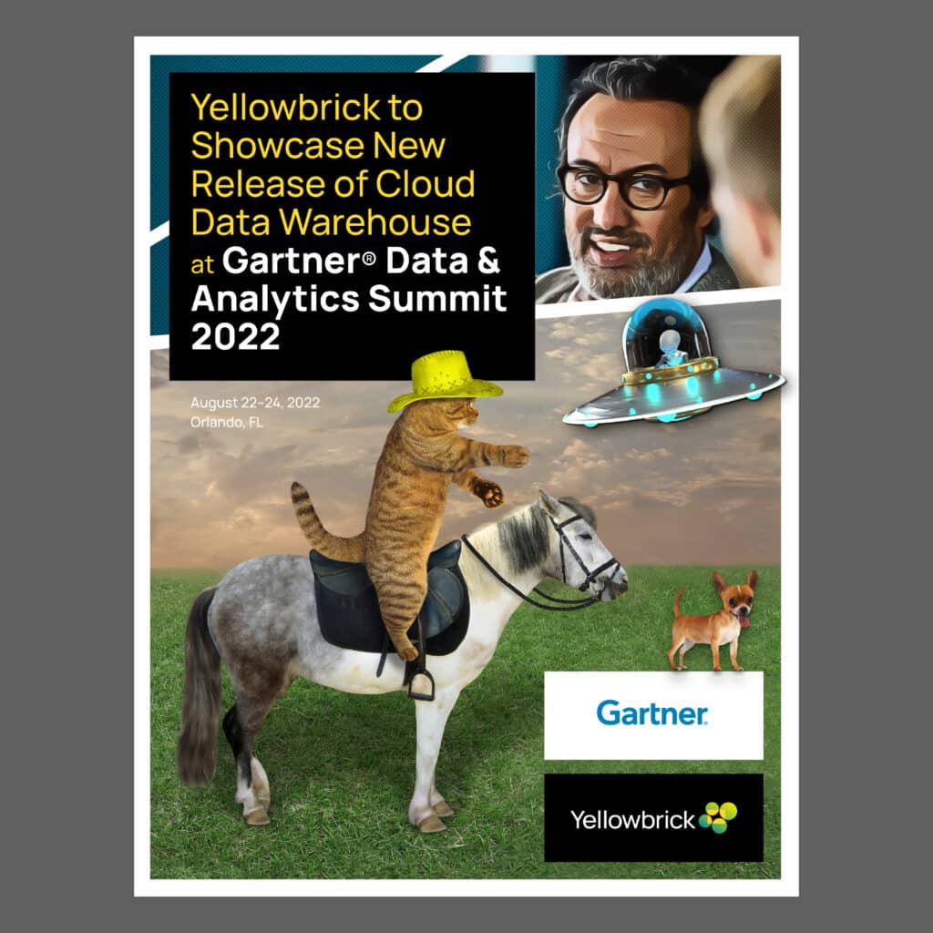 Portrait announcement card for the Gartner Summit release, cowboy cat on horseback under the alien saucer with Gartner and Yellowbrick logos.