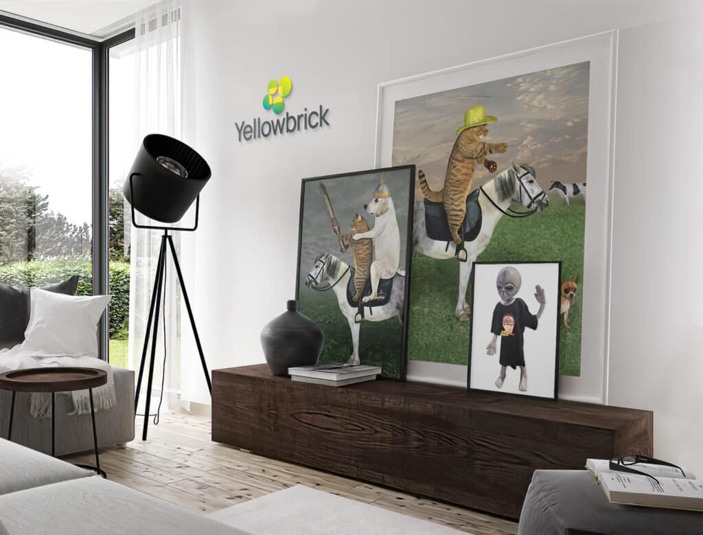 Virtual meeting backdrop of a sunlit living room with framed cowboy cat, knight dog, and alien prints beneath the wall logo.