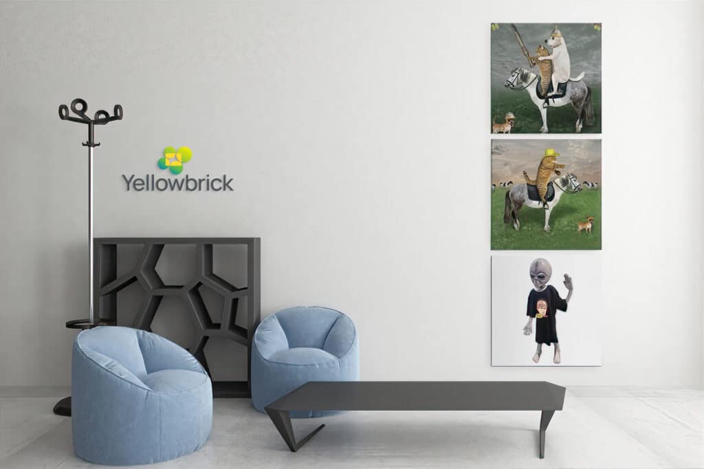 Virtual meeting backdrop with blue lounge chairs and a triptych of cat, dog, and alien character prints beside the wordmark.