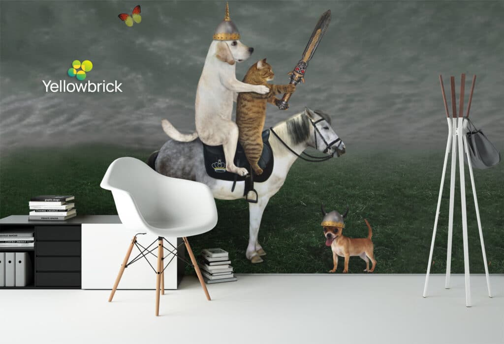 Virtual meeting backdrop of the armored dog and cat on horseback under storm clouds, a Viking-helmet chihuahua trotting alongside.